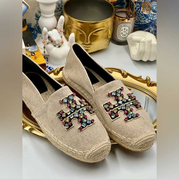 🆕 TORY BURCH 🧿 NWOT Ines Linen & Leather Bejewelled Espadrilles - Size 9 - Picture 5 of 16